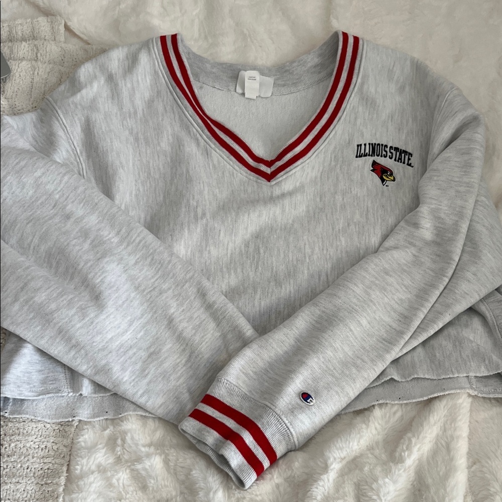 Illinois State Champion Gray V-Neck Sweatshirt with Red Trim